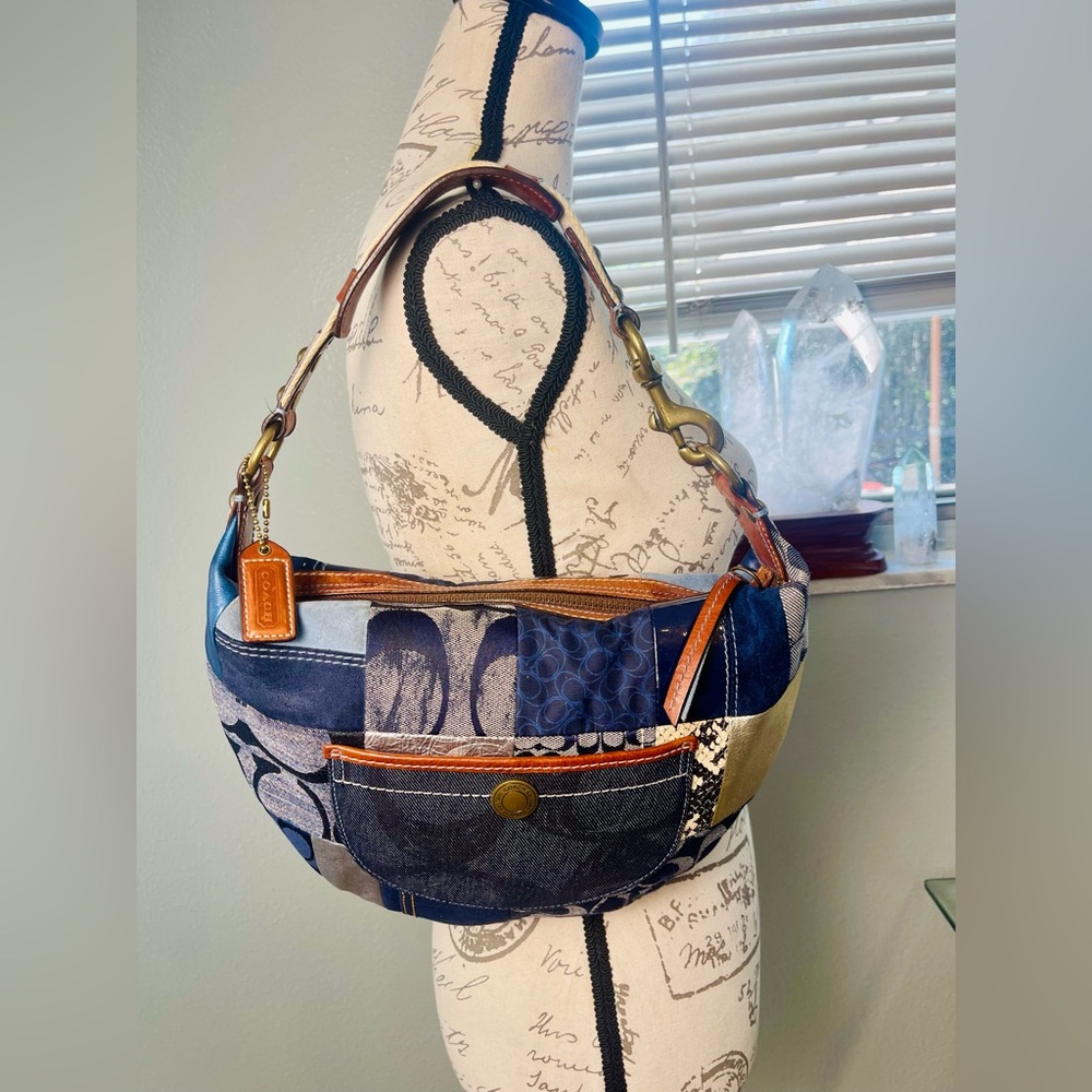 Coach Vtg Y2K Signature Logo Mosaic Denim Patchwork Souflette Baguette Hobo Bag